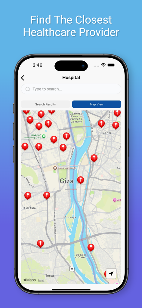 Unicare Egypt - Unicare Egypt app map interface showing healthcare provider locations in Giza