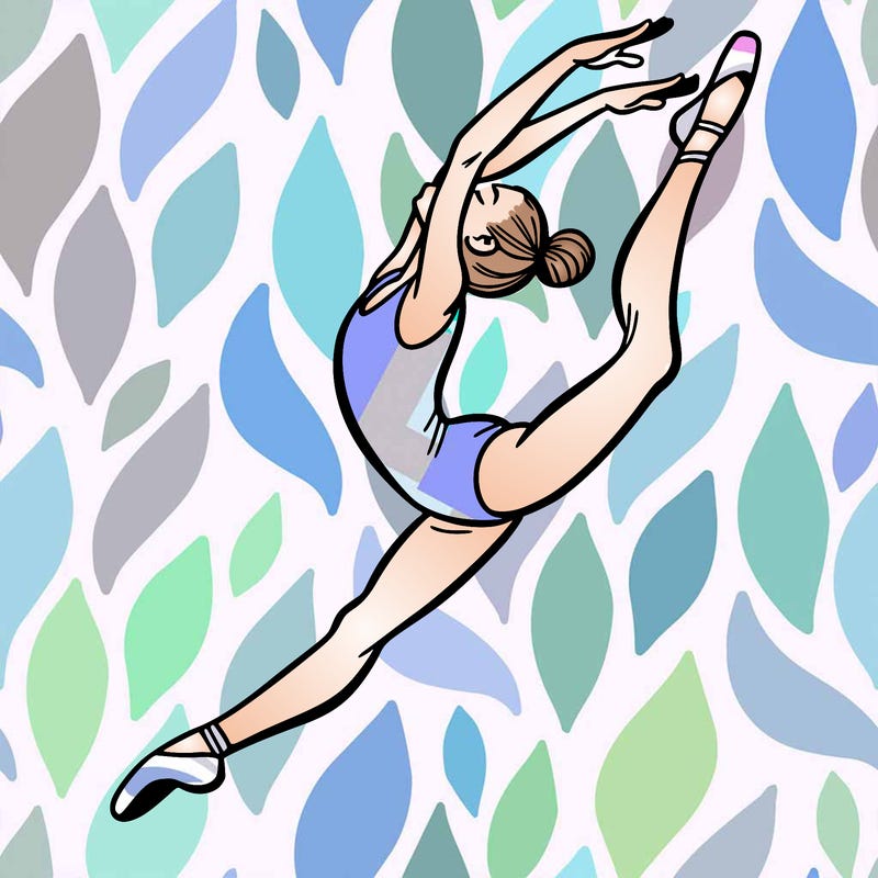 gymnast doing a leap in a leotard with a bent back leg