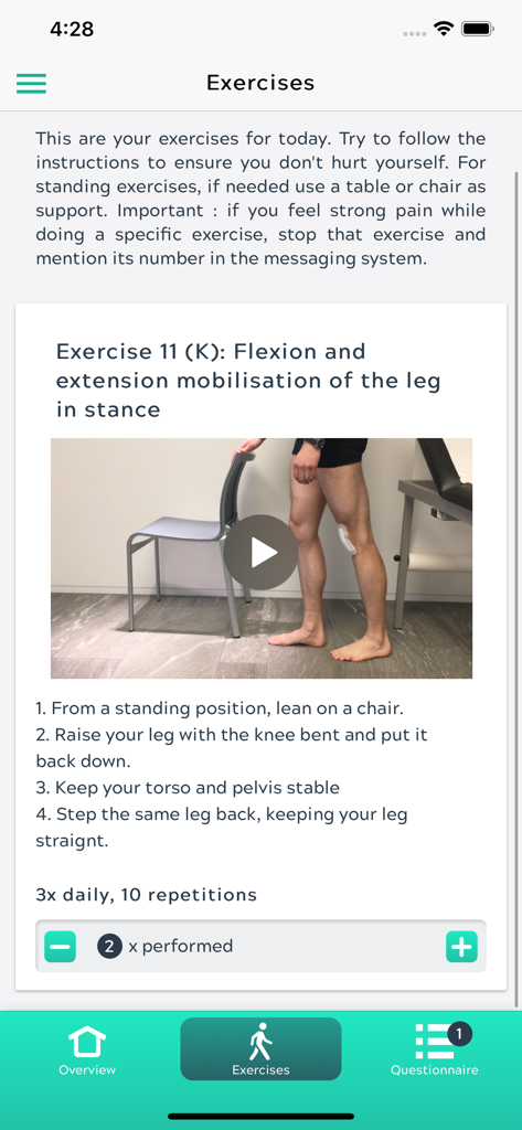 moveUP - MoveUP app interface showing daily knee rehabilitation exercises with video demonstration and step by step instructions.