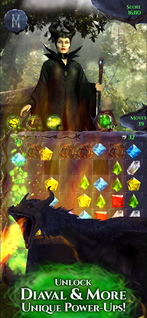 Disney Maleficent Free Fall - Disney Maleficent Free Fall match-3 puzzle screen with Maleficent and dragon power-up.