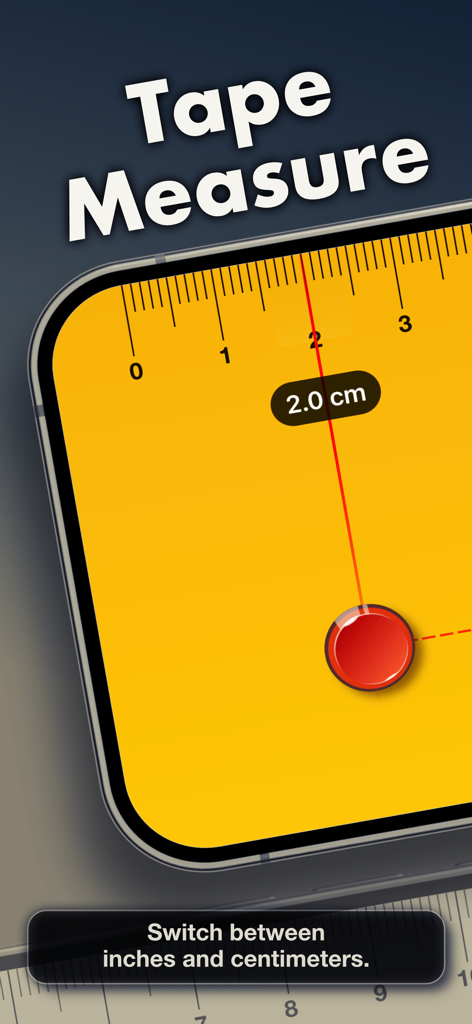 Ruler, Measuring Tape - AR App - Bildschirm eines Smartphones zeigt ein digitales gelbes Lineal, das 2,0 Zentimeter misst