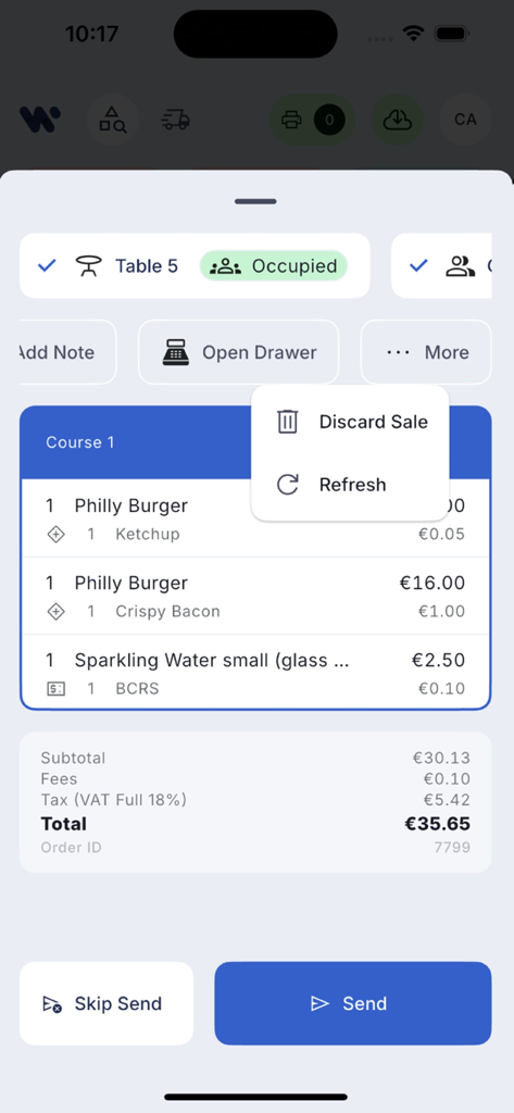 Twine POS - A mobile interface for Twine POS showing a restaurant order for Table 5 with items like burgers and drinks totaling 35.65 euros.