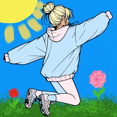 realistic girl jumping with a bun and oversized sweatshirt