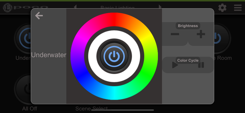 Lumitec Poco - Lumitec Poco App-Oberfläche mit einem Farbrad zur Steuerung von Unterwasser-Bootslichtern.