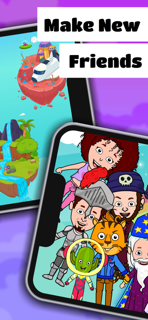 Colorful cartoon characters including a pirate, knight, and wizard in Tizi City Wonder World Games.