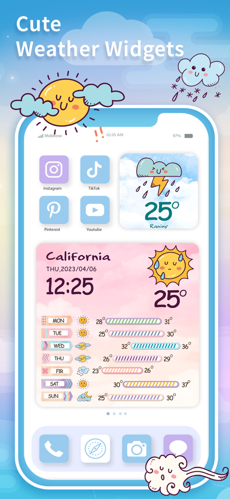 Weather Widget® - Aesthetic iPhone home screen featuring cute cartoon weather widgets and pastel app icons