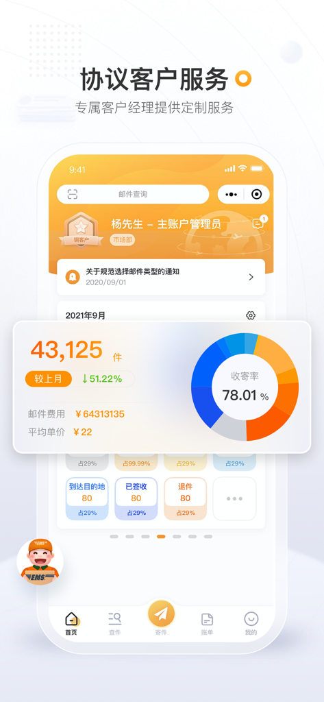 邮政EMS - Dashboard dell'app China Post EMS che mostra le statistiche di spedizione e il tracciamento dello stato di consegna per gli account aziendali.