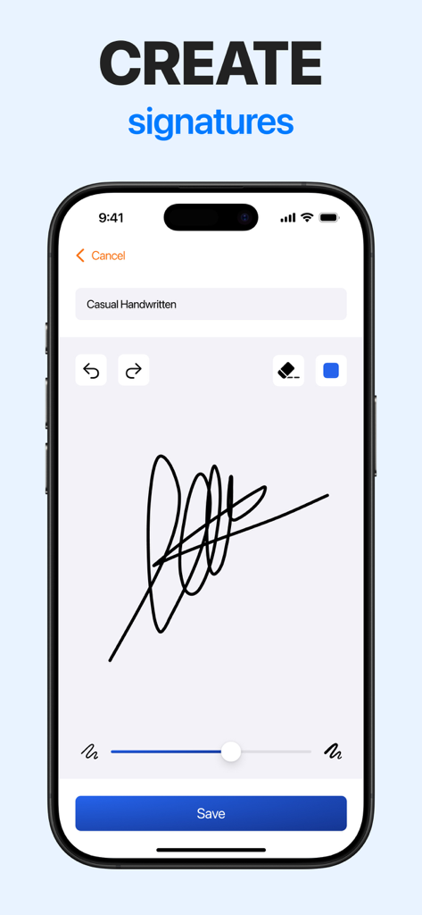 Mobile app interface for creating a handwritten digital signature with options for pen color and thickness