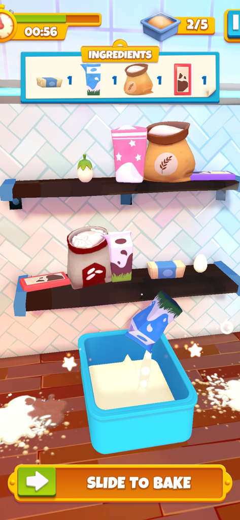 Nailed It! Baking Bash - A mobile game screen showing various baking ingredients on shelves and milk being poured into a blue mixing bin.