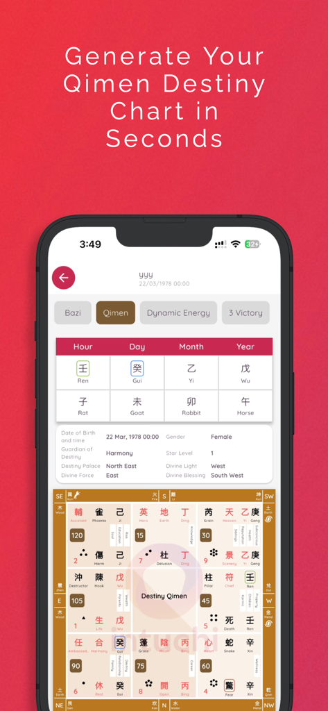Intuchi app interface showing a generated Qimen Destiny Chart with Chinese metaphysics data