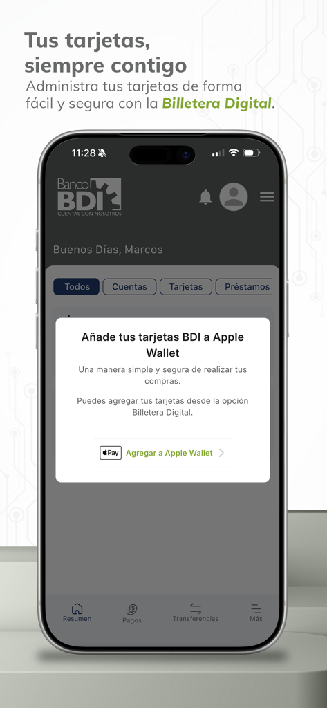 BDI APP - Interfaz de la BDI APP en un iPhone con una ventana emergente para agregar tarjetas bancarias a Apple Wallet.