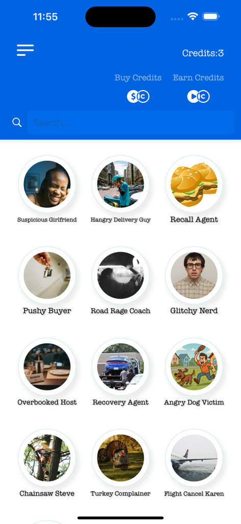 Who's Calling Prank Phone Call - Rejilla de personajes de llamada falsa que incluye Novia Sospechosa y Steve Motosierra en la interfaz de la app Whos Calling