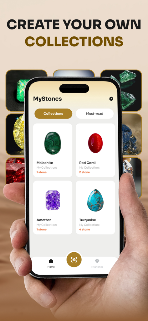 Rock Scanner: Identify Stone - Smartphone displaying the personal rock and crystal collection screen in the Rock Scanner app