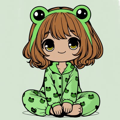 cute realistic girl wearing froggy pajamas