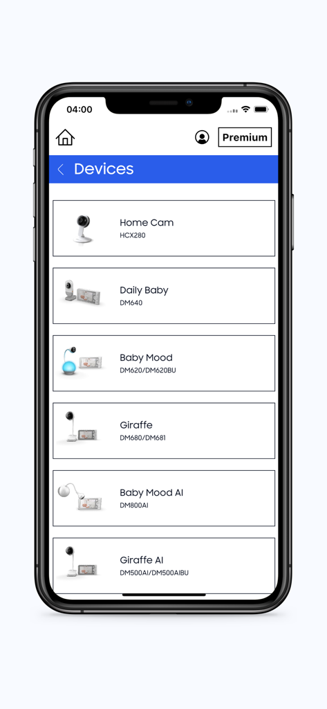 ChillaxCare - ChillaxCare app screen displaying a list of compatible baby monitors and home cameras for selection
