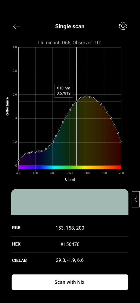 Nix Toolkit - Oberfläche der Nix Toolkit App, die einen einzelnen Farbscan mit einer spektralen Reflexionskurve sowie RGB-, HEX- und CIELAB-Werten anzeigt.
