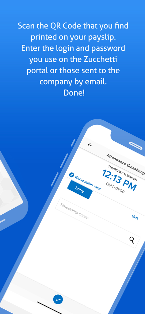 ZConnect Enterprise app interface showing attendance timestamp and entry button