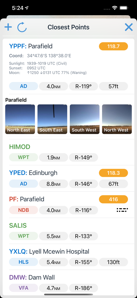A mobile interface of OzRunways EFB displaying the closest aviation waypoints and airports with distances and bearings.