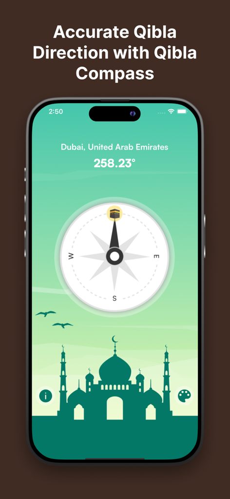 Qibla Compass Direction Finder - Smartphone displaying the Qibla Compass app with a digital compass pointing to the Kaaba.