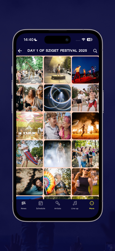 A photo gallery screen in the Sziget Festival app featuring highlights from the event