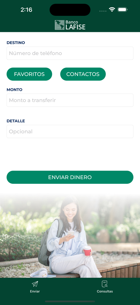 SINPE MOVIL LAFISE - Mobile interface of SINPE MOVIL LAFISE app showing the money transfer screen with fields for destination and amount