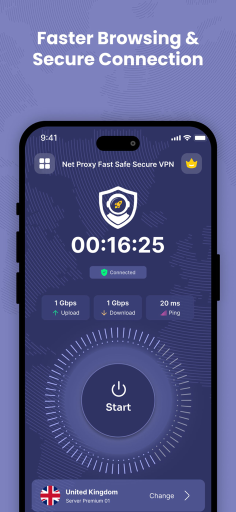 Astro VPN - Fast Net Proxy - Astro VPN app dashboard showing a secure connection with high speed metrics and low ping