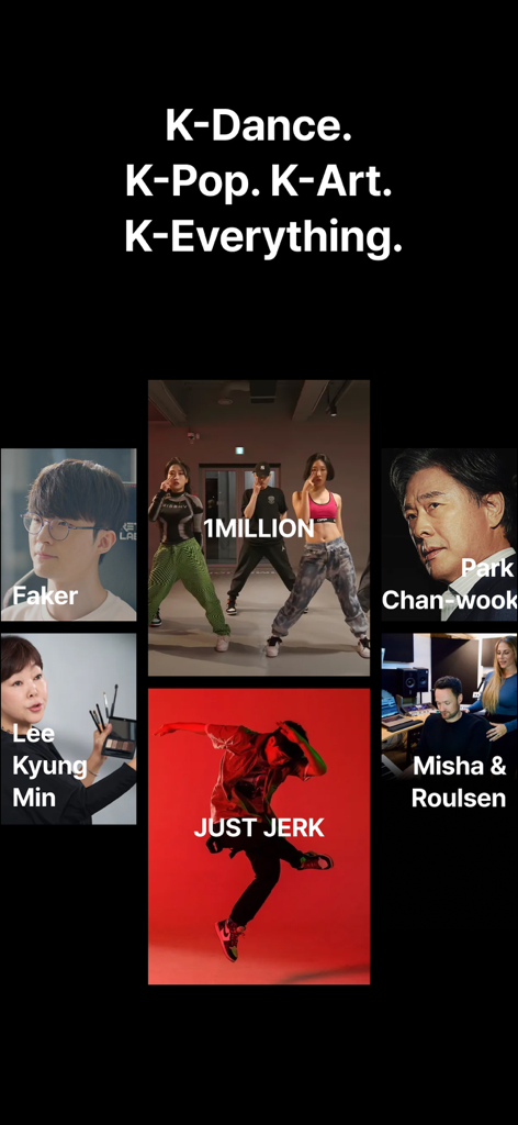 A grid of famous Korean creators and instructors for K-Pop, dance, and art classes on the CLASS101 app