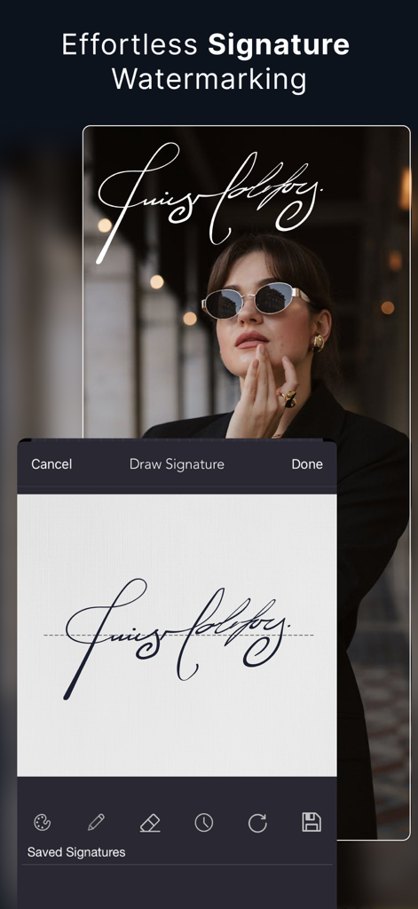eZy Watermark app interface showing a handwritten signature being drawn and applied to a portrait photo