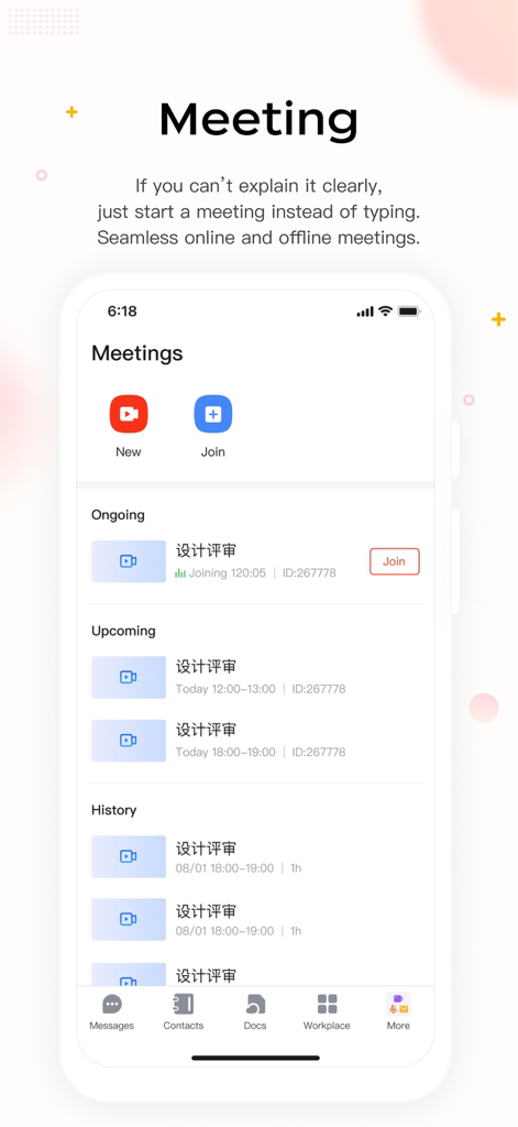JoyME Partner - Meeting management screen of the JoyME Partner app showing ongoing, upcoming, and past meetings.
