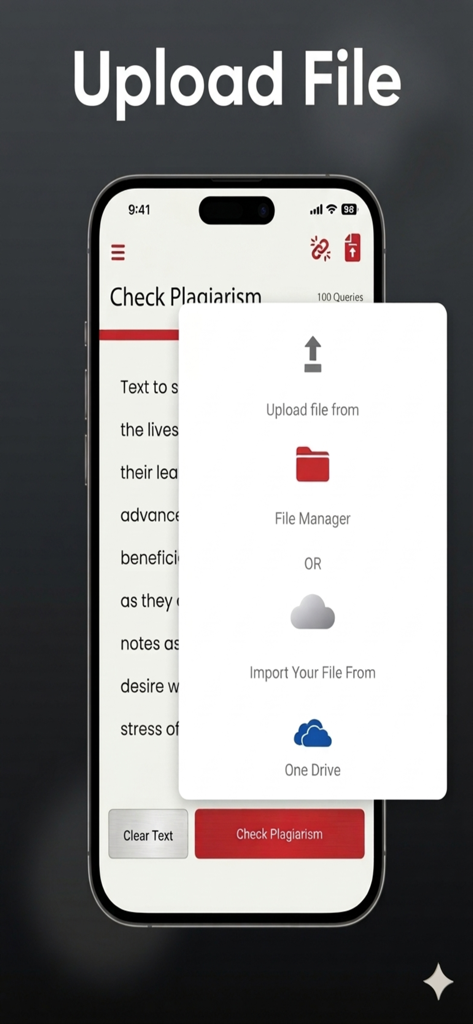 Turnitin Plagiarism Detector - Benutzeroberfläche zum Hochladen von Dokumenten aus dem Dateimanager oder OneDrive zur Plagiatsprüfung.