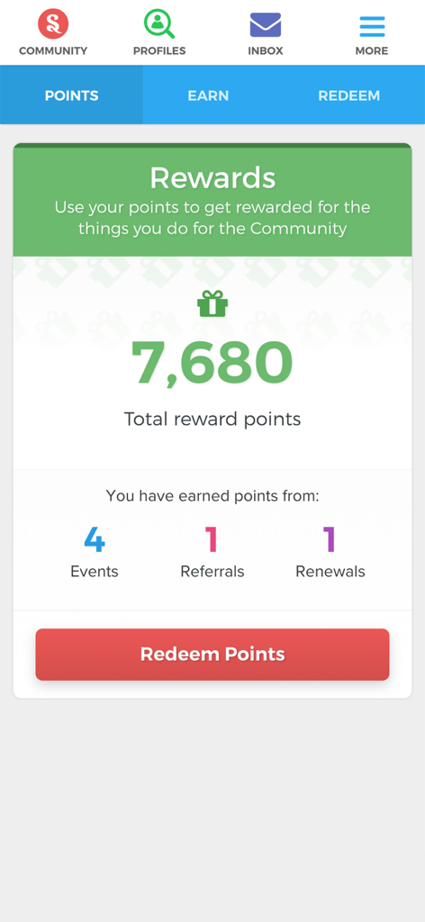 Rewards dashboard in the Stitch app showing total reward points earned from events and referrals