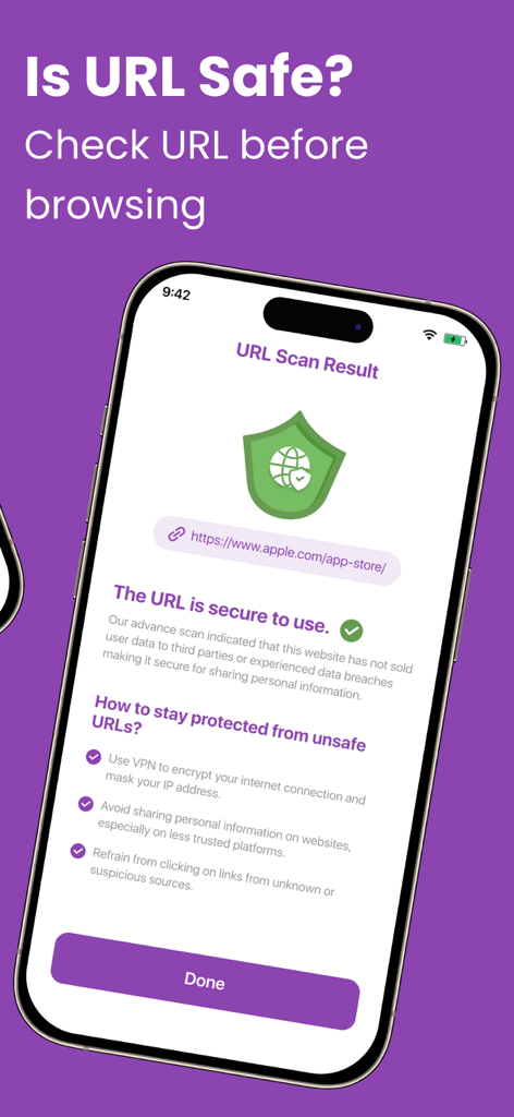 Interface of the TOR Browser app showing a secure URL scan result with a green shield icon
