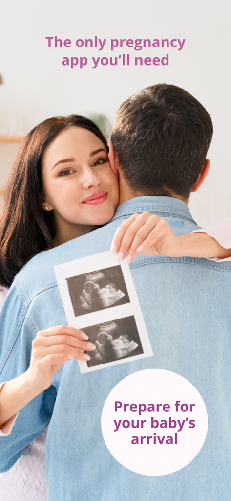 Baby Mam Pregnancy Tracker - A happy couple hugging and holding baby ultrasound photos for the Baby Mam pregnancy app