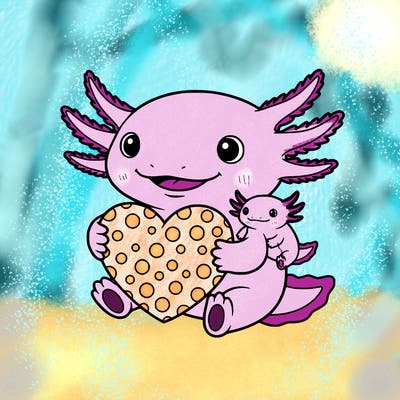 a axolotl holding a heart with dots on heart and there is a baby axolotl with the mom