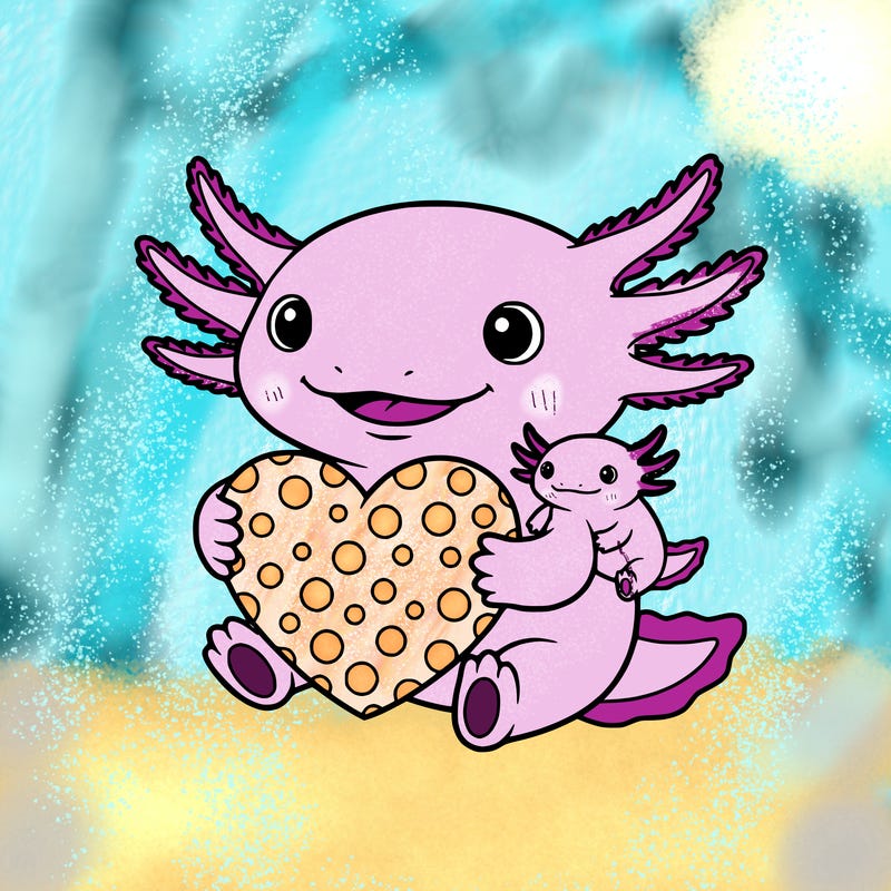 a axolotl holding a heart with dots on heart and there is a baby axolotl with the mom