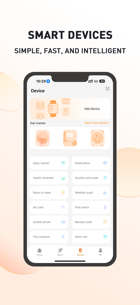 MActivePro - MActivePro app interface showing the device settings menu with watch face options and utility features
