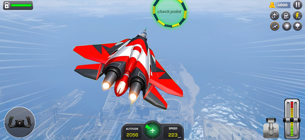 3D 비행 시뮬레이터에서 녹색 원형 체크포인트를 통과하는 빨간색 전투기