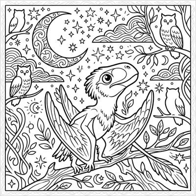 Embark on a nighttime adventure with this charming Jeholopterus pterosaur coloring page, set under a sky full of an ornate moon and twinkling stars. Discover hidden owls and intricate foliage, making it a perfect creative escape for all ages.