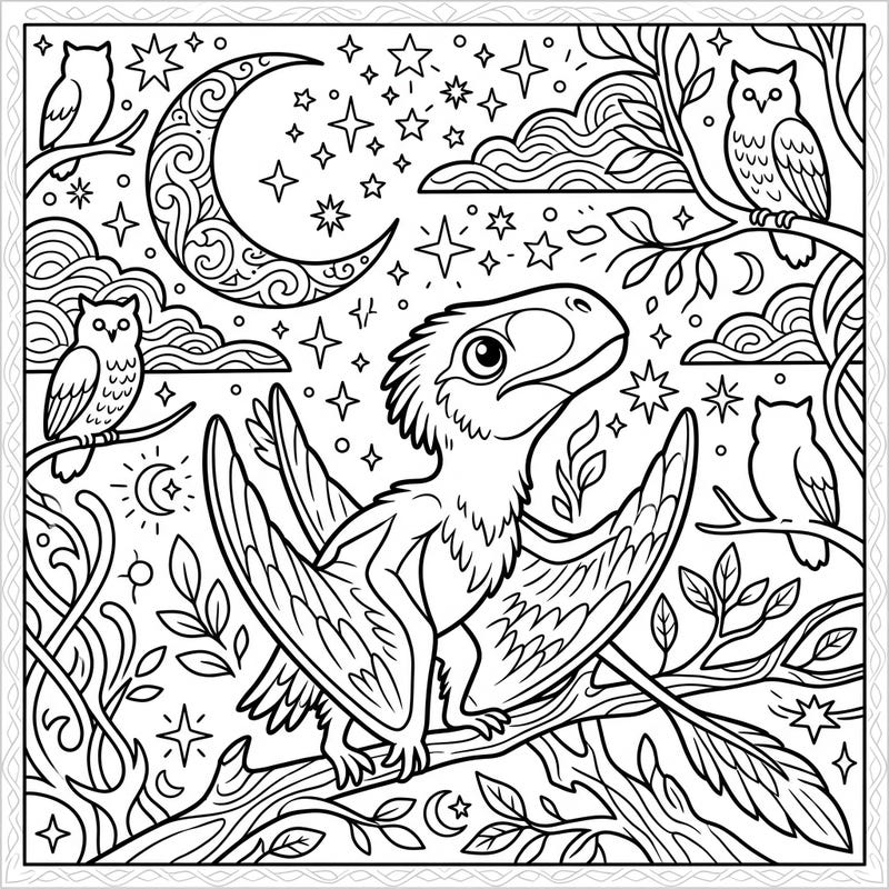 Embark on a nighttime adventure with this charming Jeholopterus pterosaur coloring page, set under a sky full of an ornate moon and twinkling stars. Discover hidden owls and intricate foliage, making it a perfect creative escape for all ages.