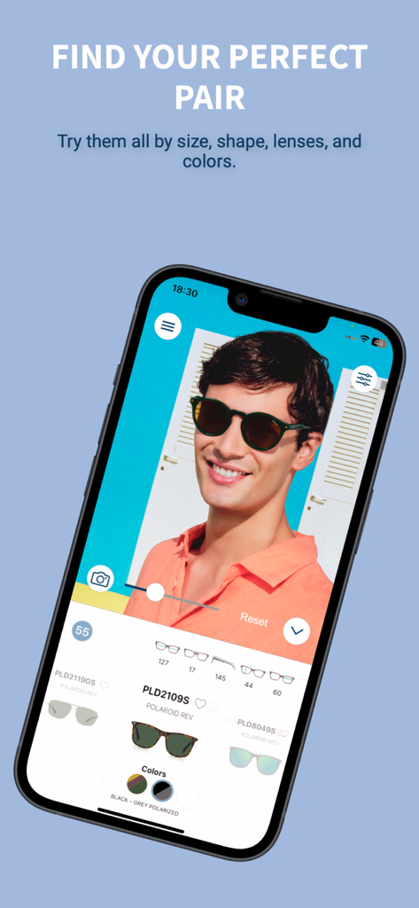 Pantalla de smartphone que muestra la función de prueba virtual de la aplicación Safilo VTO para gafas de sol en un modelo masculino