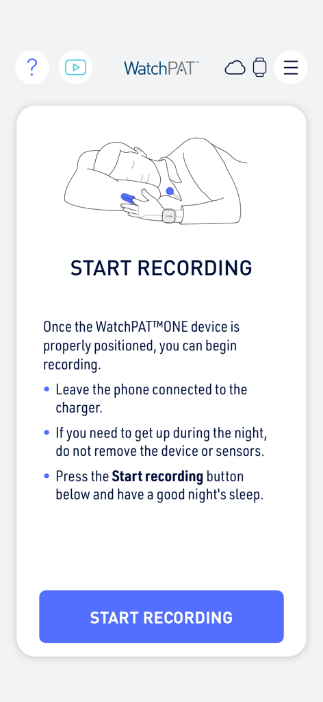 WatchPAT mobile app interface showing instructions and a button to start a sleep study recording.