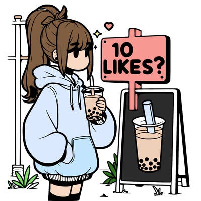 girl with oversized hoodie drinking boba and she has a high ponytail with a sign that says 10likes?