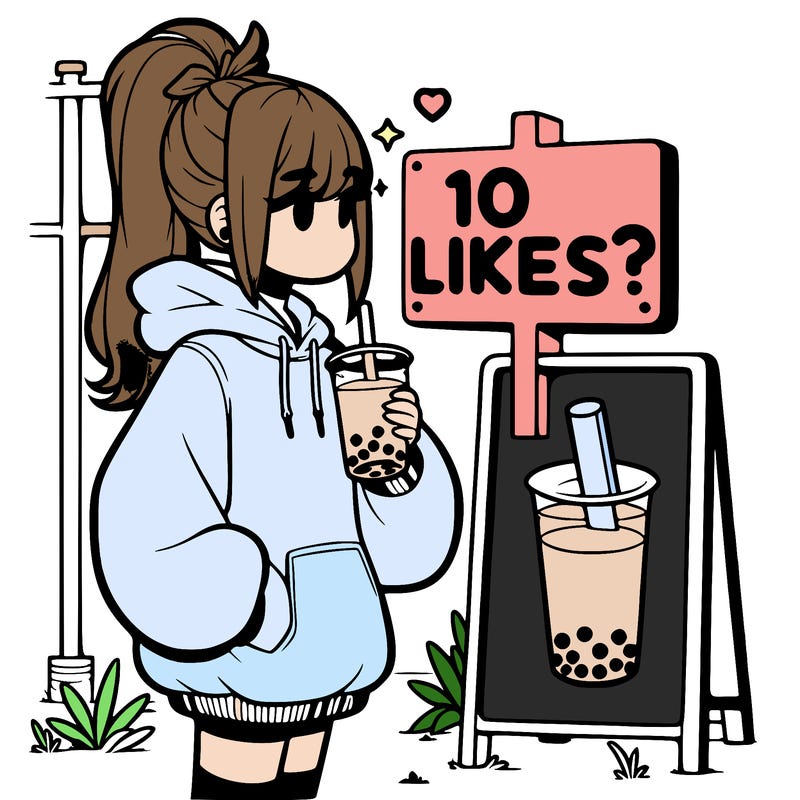 girl with oversized hoodie drinking boba and she has a high ponytail with a sign that says 10likes?