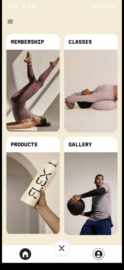 Flex Fitness - Flex Fitness app main menu showing categories for Membership Classes Products and Gallery