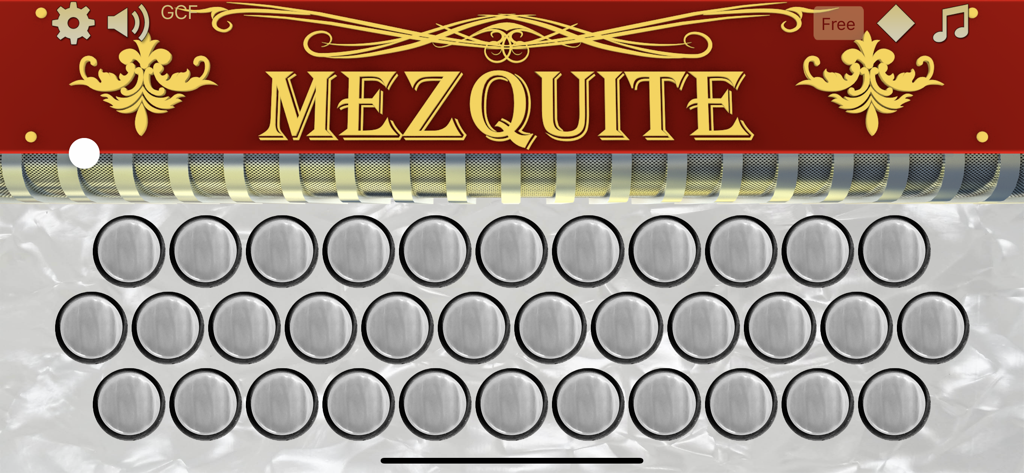 Mezquite Diatonic Accordion - Mezquite virtual diatonic button accordion interface with three rows of silver buttons and gold ornamental design