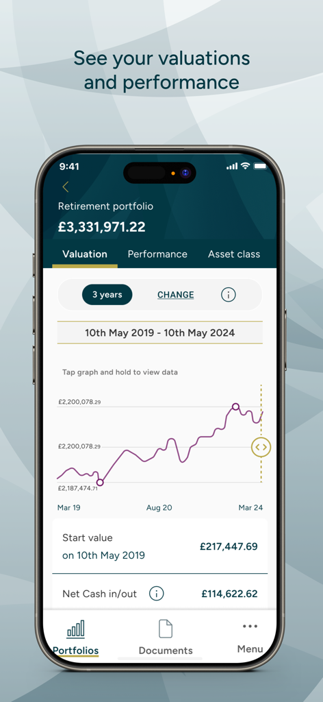 Quilter Cheviot - Quilter Cheviot app retirement portfolio valuation and performance screen showing a growth graph