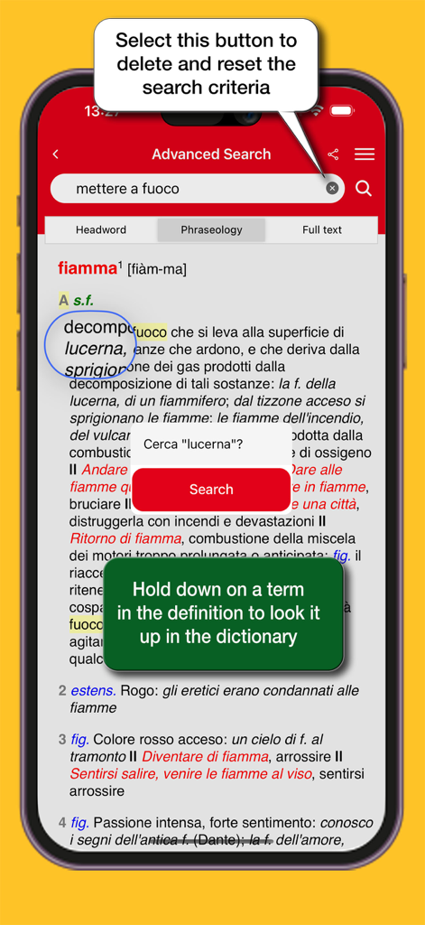 Dizionario Italiano Gabrielli - Dizionario Italiano Gabrielliアプリのインターフェイス。イタリア語のフレーズの高度な検索結果と、定義内の特定の単語を検索するためのポップアップが表示されています。