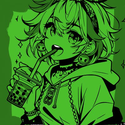 hot baddie anime girl drinking boba and biting the straw