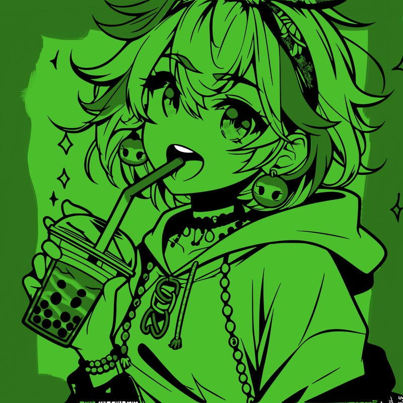 hot baddie anime girl drinking boba and biting the straw