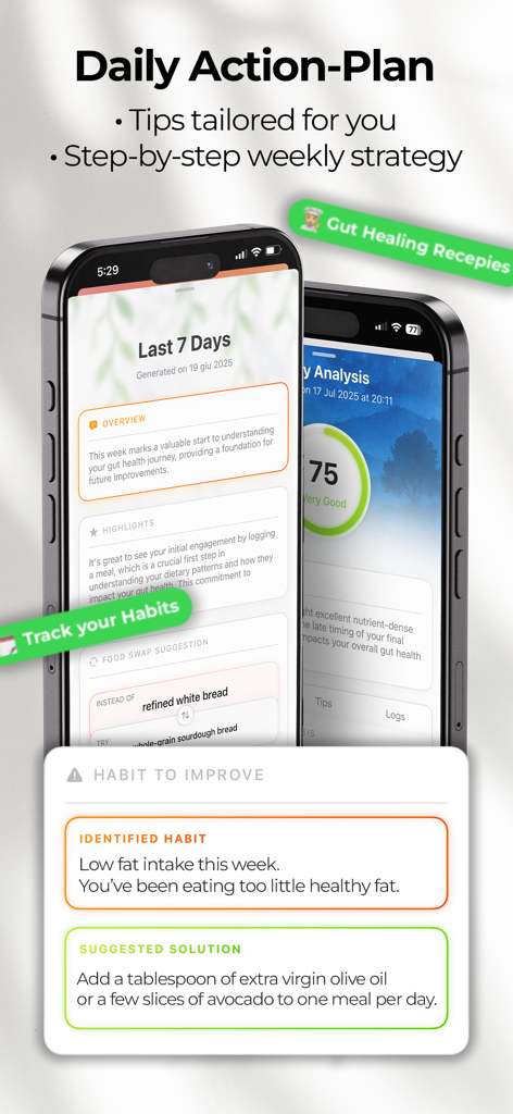 GutSense - Gut Health Coach - GutSense app interface displaying a personalized daily action plan with habit tracking and gut health nutrition tips